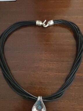 Black Multi-Strand Leather Necklace with Teardrop Pendant